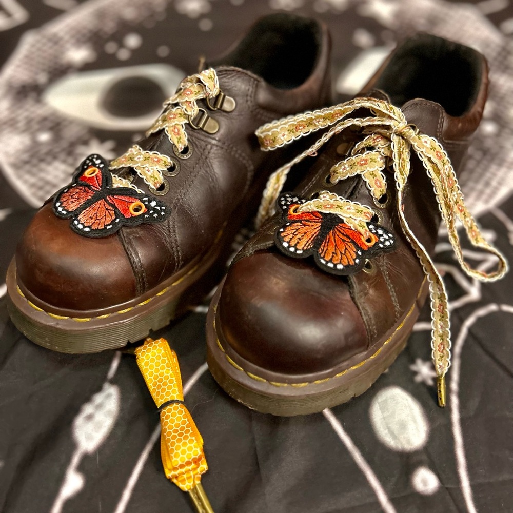 Dr Martens 6 Eye 8053 Brown Work Sole Shoes with ribbon laces and butterflies.